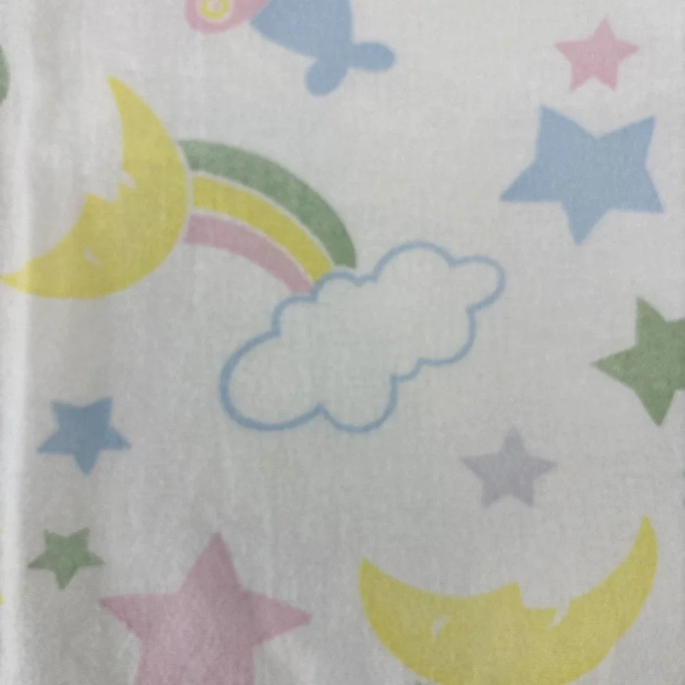 Vtg Beacon Rainbow Baby Blanket White Stars Balloon Bunny Plane Pastel Receiving